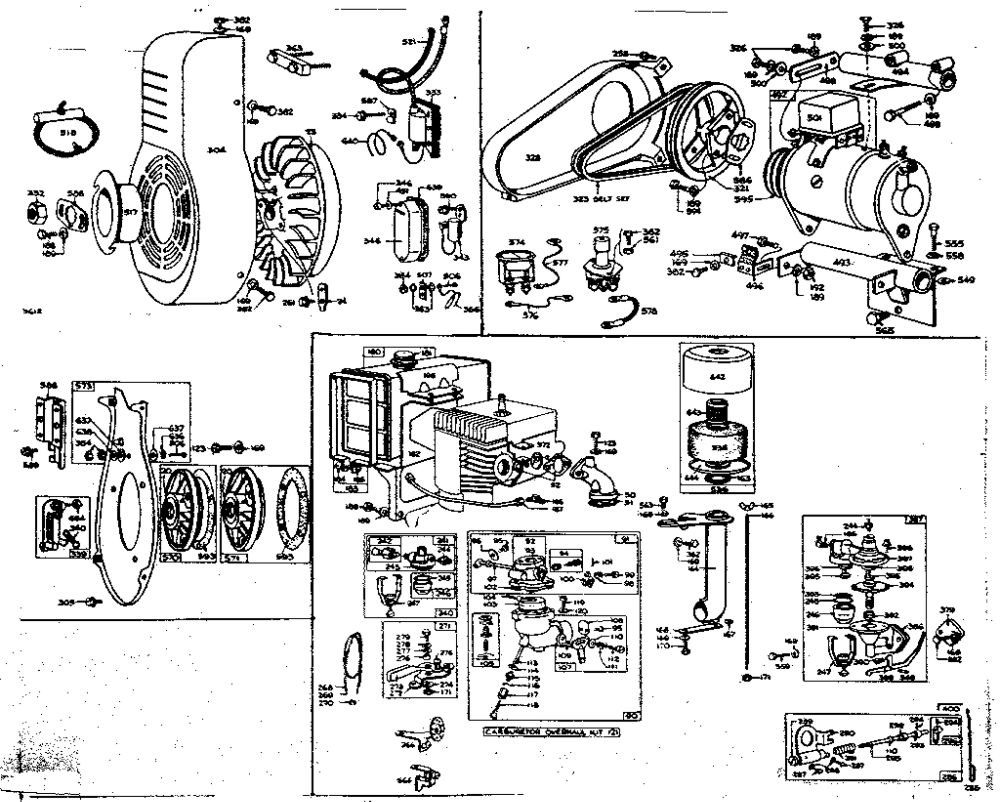 Generator Starter, Carburetor, And Flywheel Assembly Diagram and Parts List for 23D-R6 0010 - 0041 Briggs and Stratton Engine